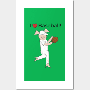 I love Baseball! Left-handed Pig baseball player, pitcher, blue, baseball Posters and Art